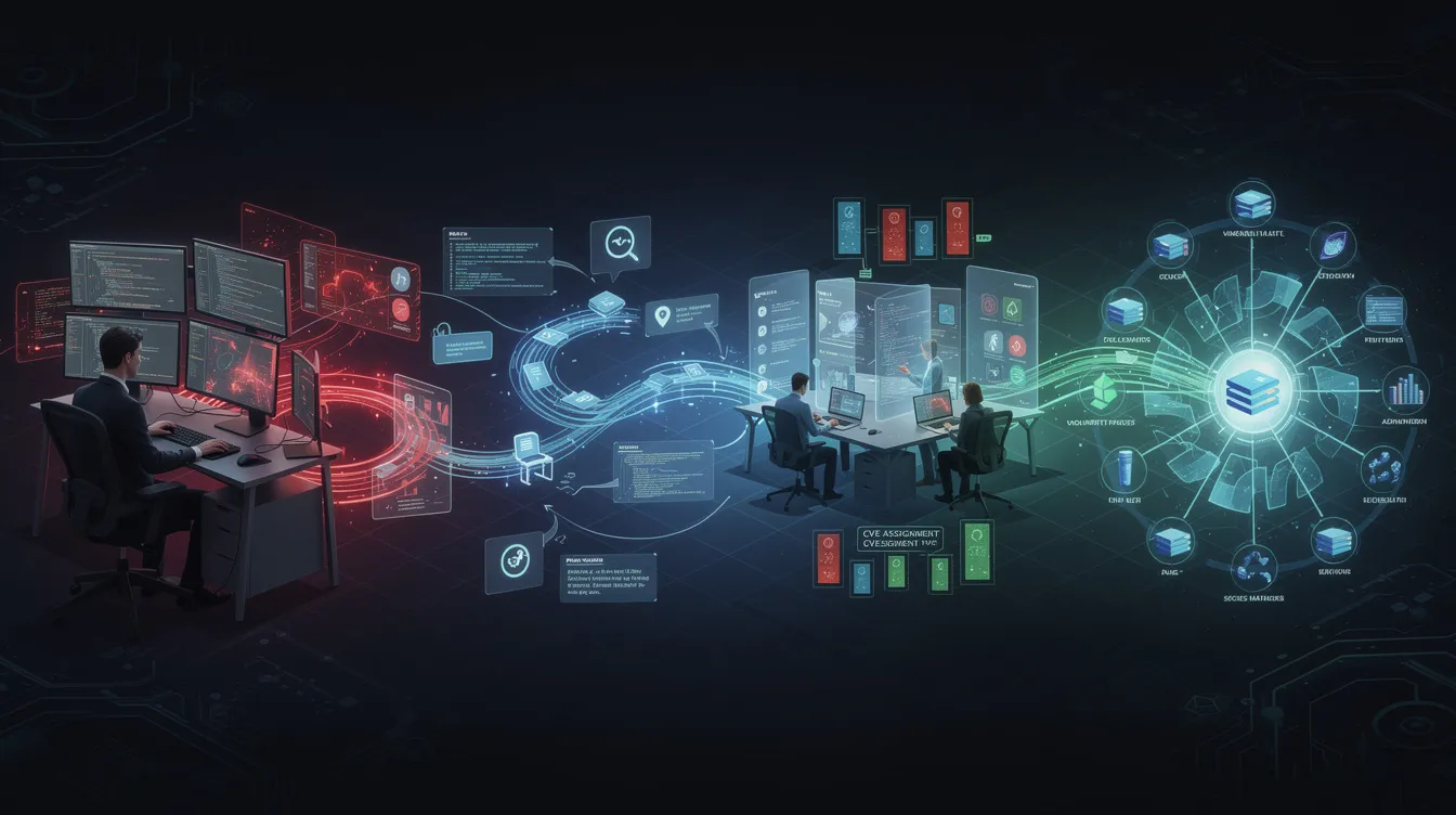 The digital illustration depicts the vulnerability disclosure workflow, showcasing the journey from a security researcher's discovery of a security flaw to the assignment of CVE identifiers, vendor patching, and the release of security advisories, all interconnected by glowing data pipelines against a cyber grid background. This visual representation highlights the critical aspects of vulnerability identification and management within the cybersecurity community.