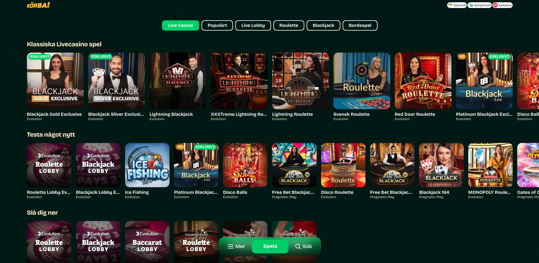 Körbas live casino med livesända bordsspel, nya spel och spel med programledare.