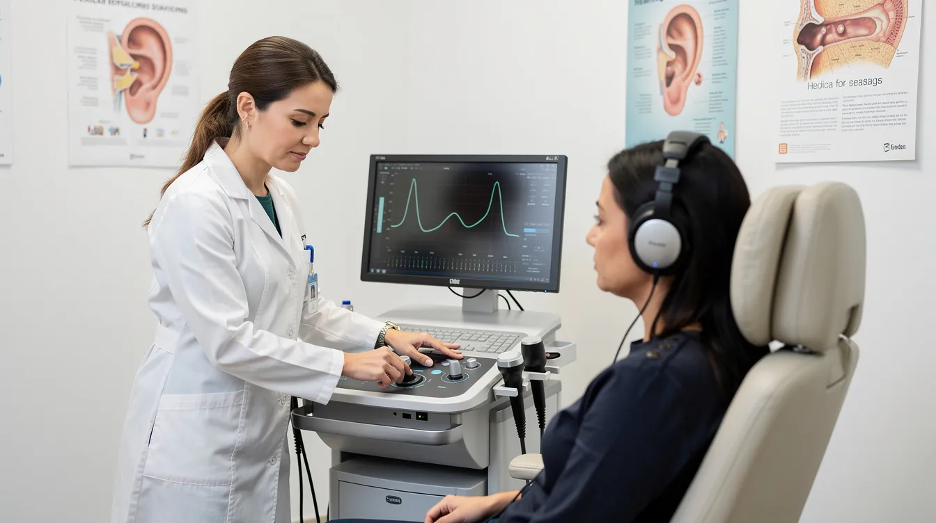 A medical professional is conducting a hearing test using an audiometer in a clinical setting, focusing on assessing potential occupational hearing loss. This examination is crucial for determining the appropriate workers compensation benefits for injured workers affected by work-related noise exposure.