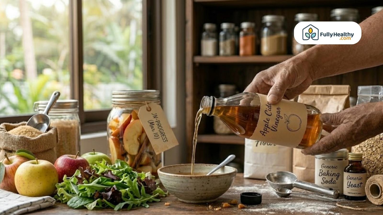 Pouring apple cider vinegar into bowl with salad greens