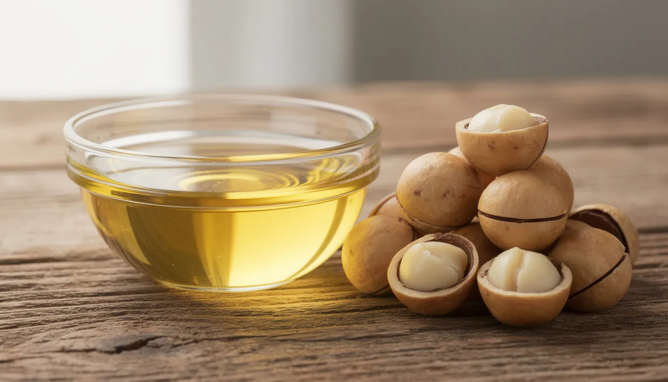 A small glass bowl filled with golden macadamia oil is placed next to a pile of whole raw macadamia nuts on a rustic wooden surface, highlighting the natural beauty and health benefits of these nutrient-rich foods. The image emphasizes the connection between macadamia oil and skin health, particularly its role in hydration and maintaining skin firmness.