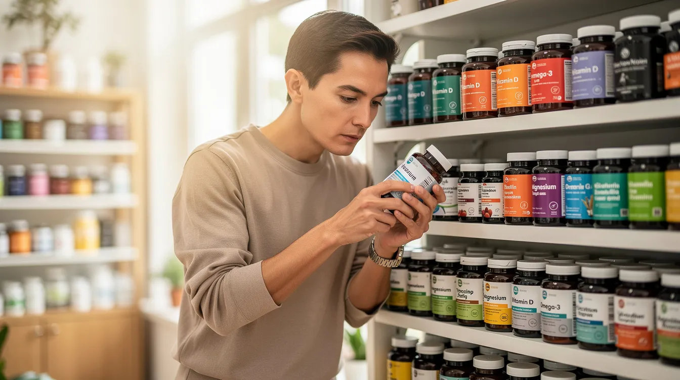 A person is standing in a wellness store, closely examining various supplement bottles that feature labels for mushroom products, including reishi, lion's mane, and maitake mushrooms. They appear focused as they read about the potential health benefits and active ingredients of these dietary supplements, which are known to support immune function and promote overall well-being.