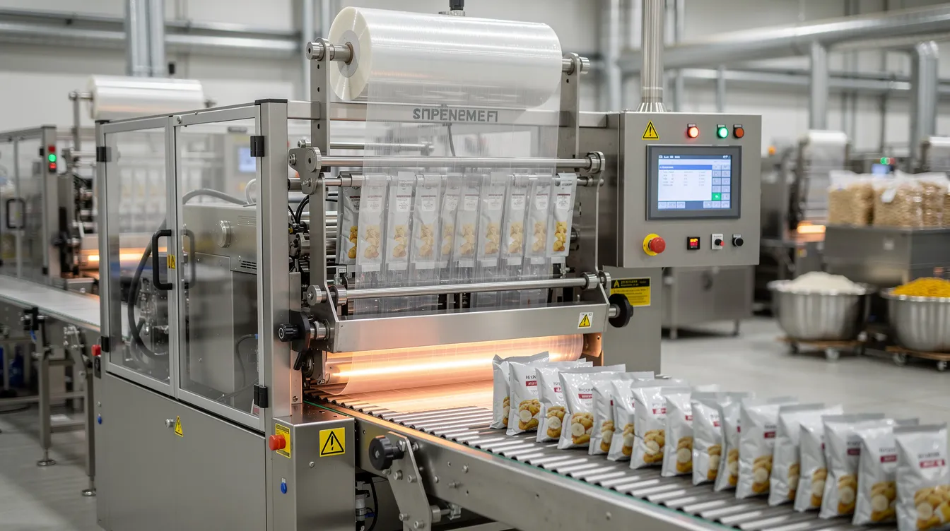b66ebb8c 5ed6 4576 bd8f b4581de40545 The image shows a food packaging production line where flexible pouches are being filled and sealed on a vertical form fill seal machine, likely for products such as instant poha mix. The setup emphasizes efficiency in packaging, indicating a focus on ready-to-eat poha and other convenient food items.
