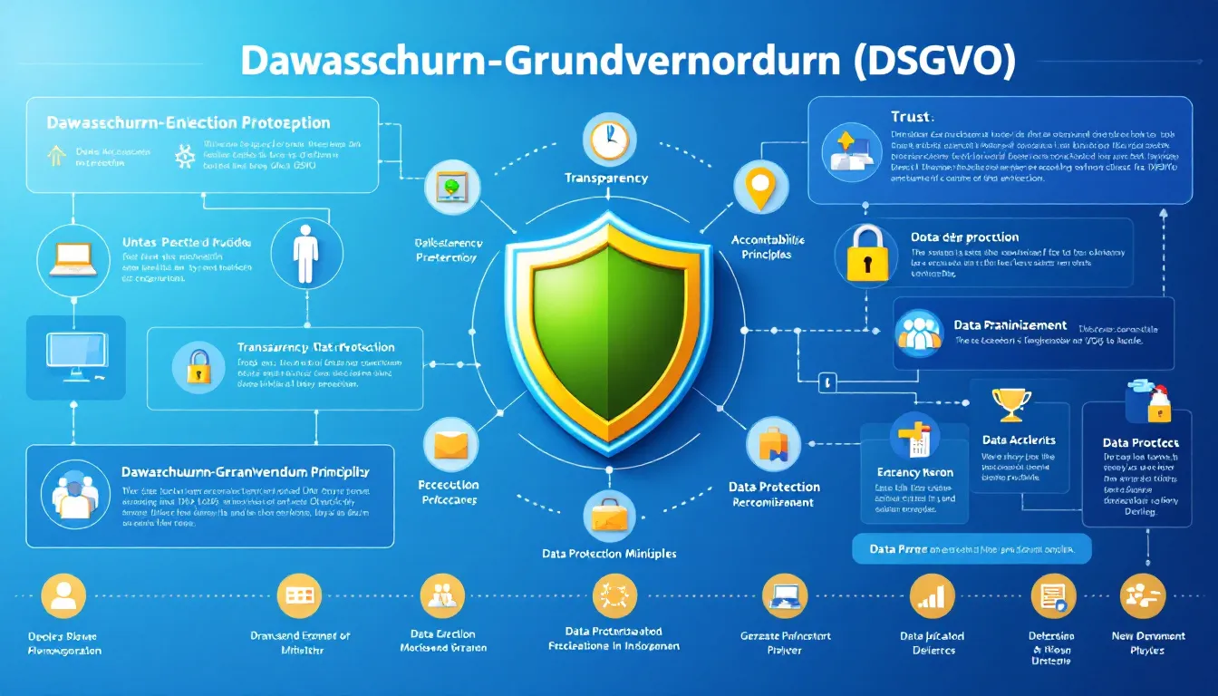 Eine Darstellung der Datenschutz-Grundverordnung (DSGVO) mit Symbolen für Datenschutz und Datensicherheit.