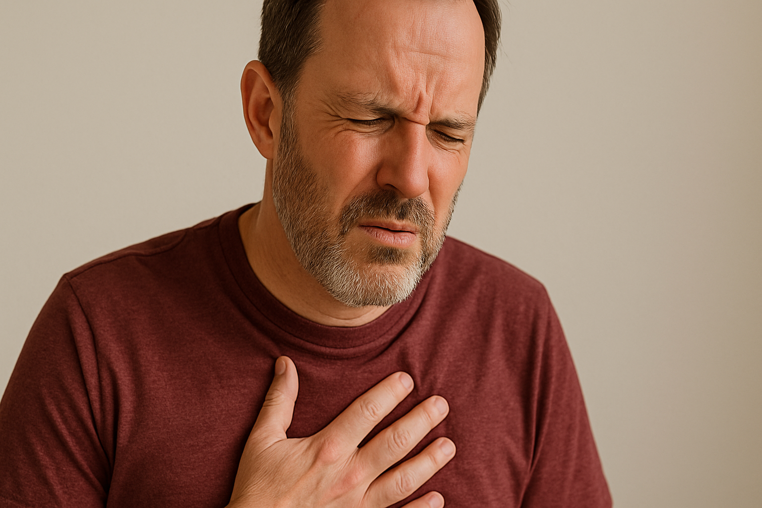 Halsbrann: Når Brystet Brenner og Du Skylder På Tacoen 14 Mann med smertefullt uttrykk holder hånden på brystet, tydelig plaget av halsbrann og ubehag i brystregionen.