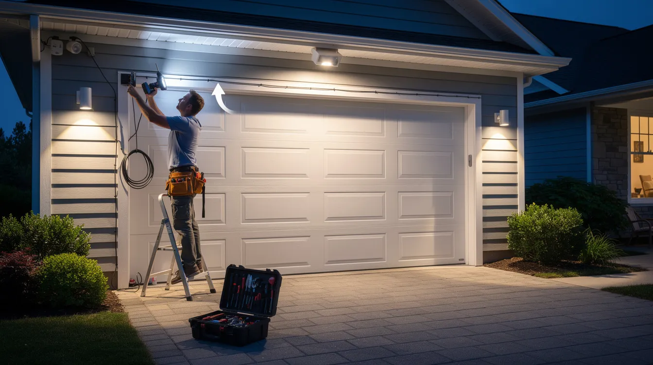 Motion-activated exterior lighting installed around a garage for enhanced security.