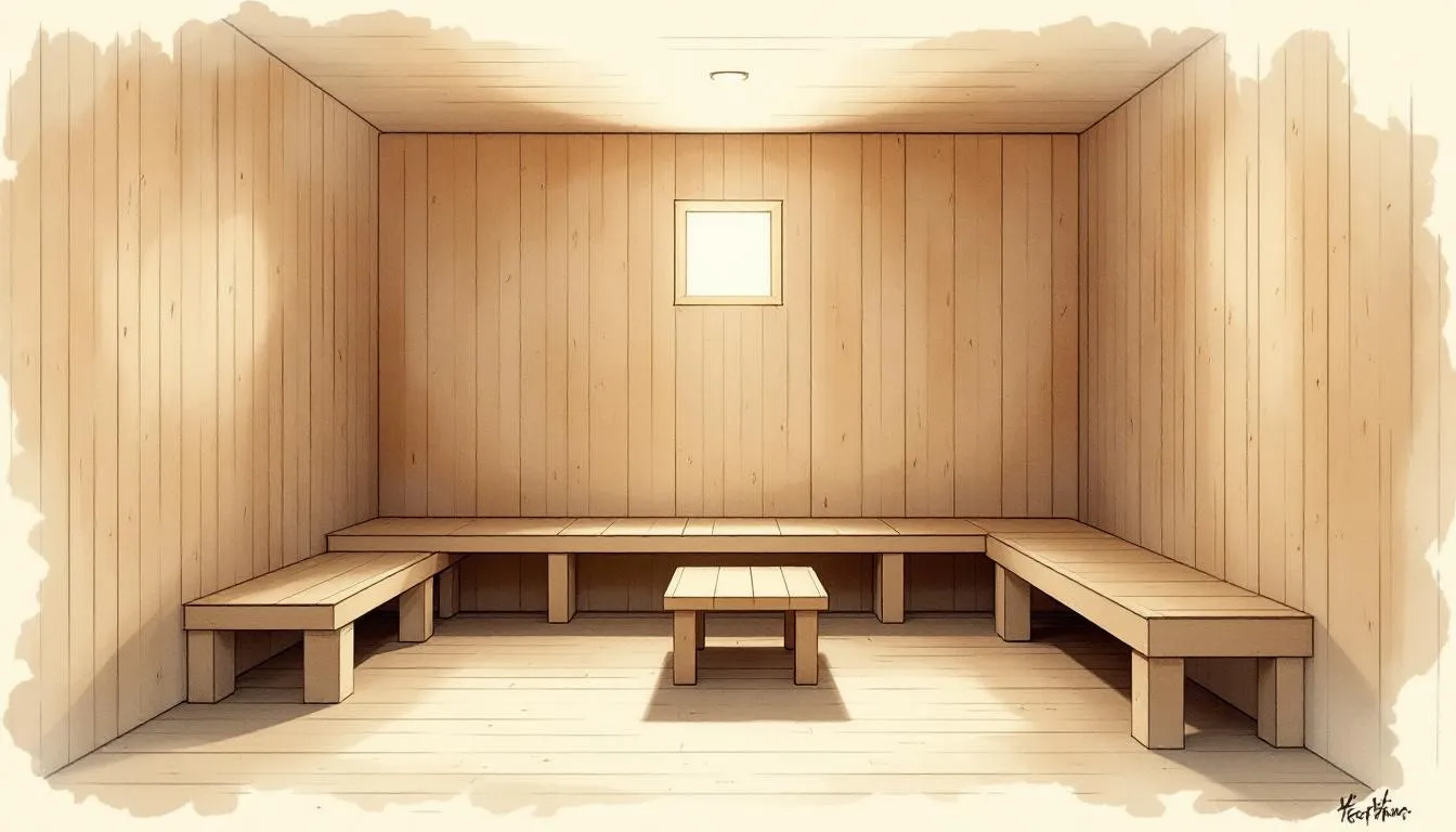 A serene sauna interior promoting relaxation and silence.