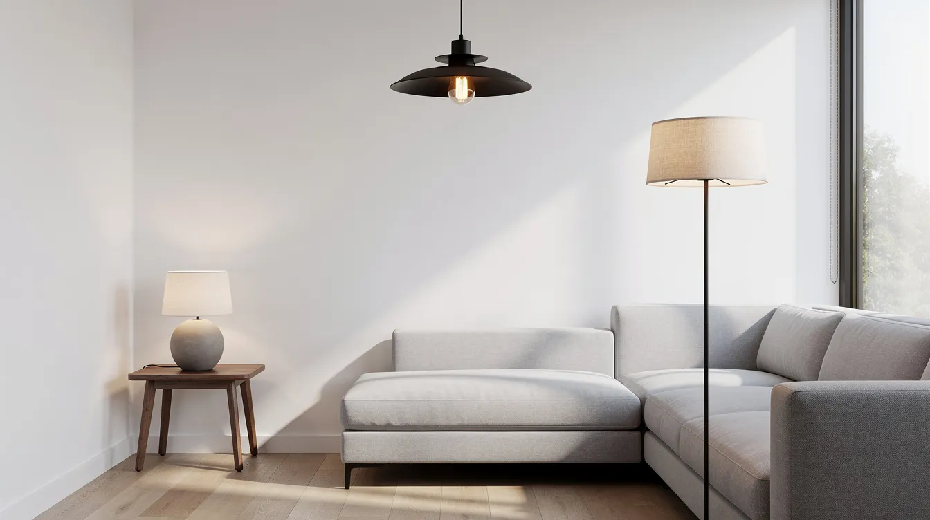 En modern inredning med olika typer av lampor, inklusive en taklampa, golvlampa och bordslampa, som skapar en varm och inbjudande atmosfär i rummet. Lamporna är designade i stilrena former och färger, vilket ger en perfekt belysning för hemmet.