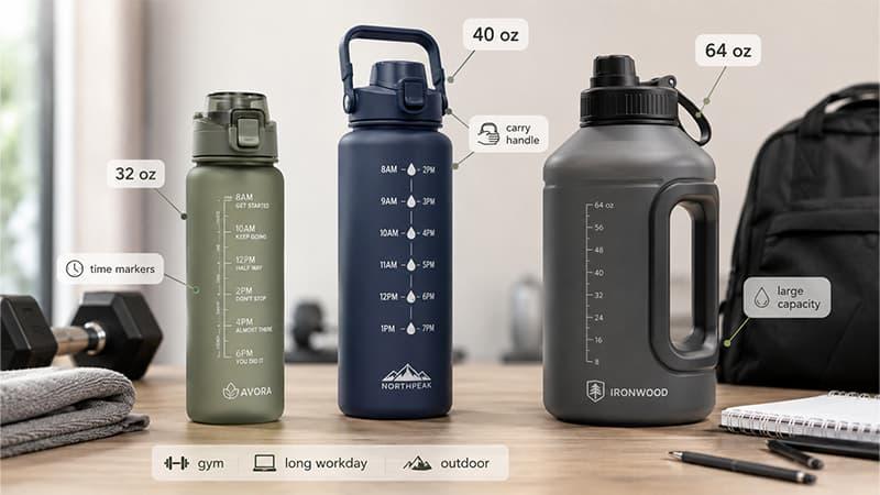 Time-marker water bottles with hydration tracking lines, carry handles, and large-capacity designs for gym, work, and outdoor use