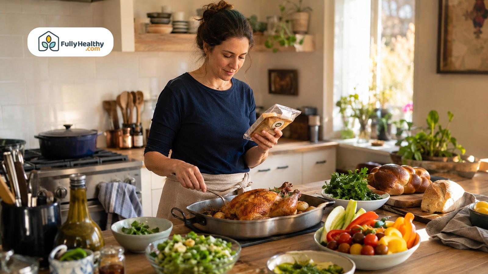 Home cook checking kosher food package while preparing roasted chicken and fresh vegetables