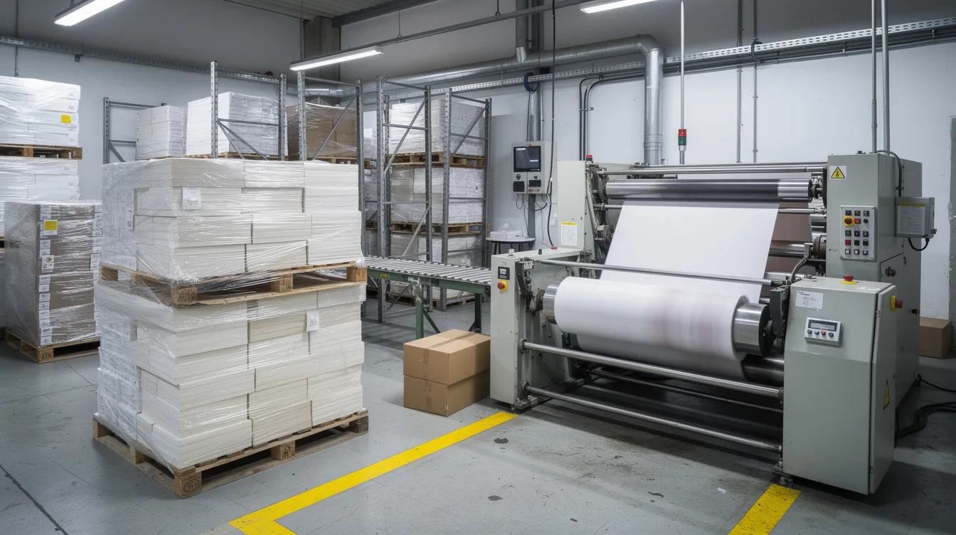 b6752b24 3677 4f49 af84 d1e1f9314916 The image depicts the interior of a small manufacturing unit, showcasing various paper product machinery alongside neatly stacked finished goods. This setting reflects the commercial manufacturing processes essential for micro enterprises, highlighting the importance of a comprehensive business plan and financial documents for securing a business loan.
