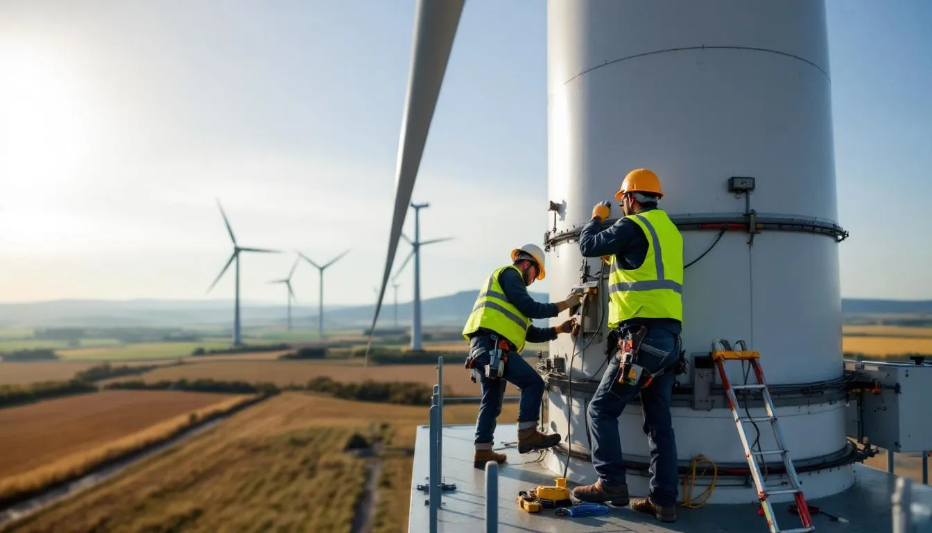 How to Hire an Attorney When Injured at Buffalo Gap Wind Farm 1 In the image, wind farm workers dressed in safety gear are performing maintenance on large wind turbines, ensuring they operate efficiently and safely. This scene highlights the importance of safety regulations and the responsibility of workers to prevent accidents while conducting repairs at the wind farm.