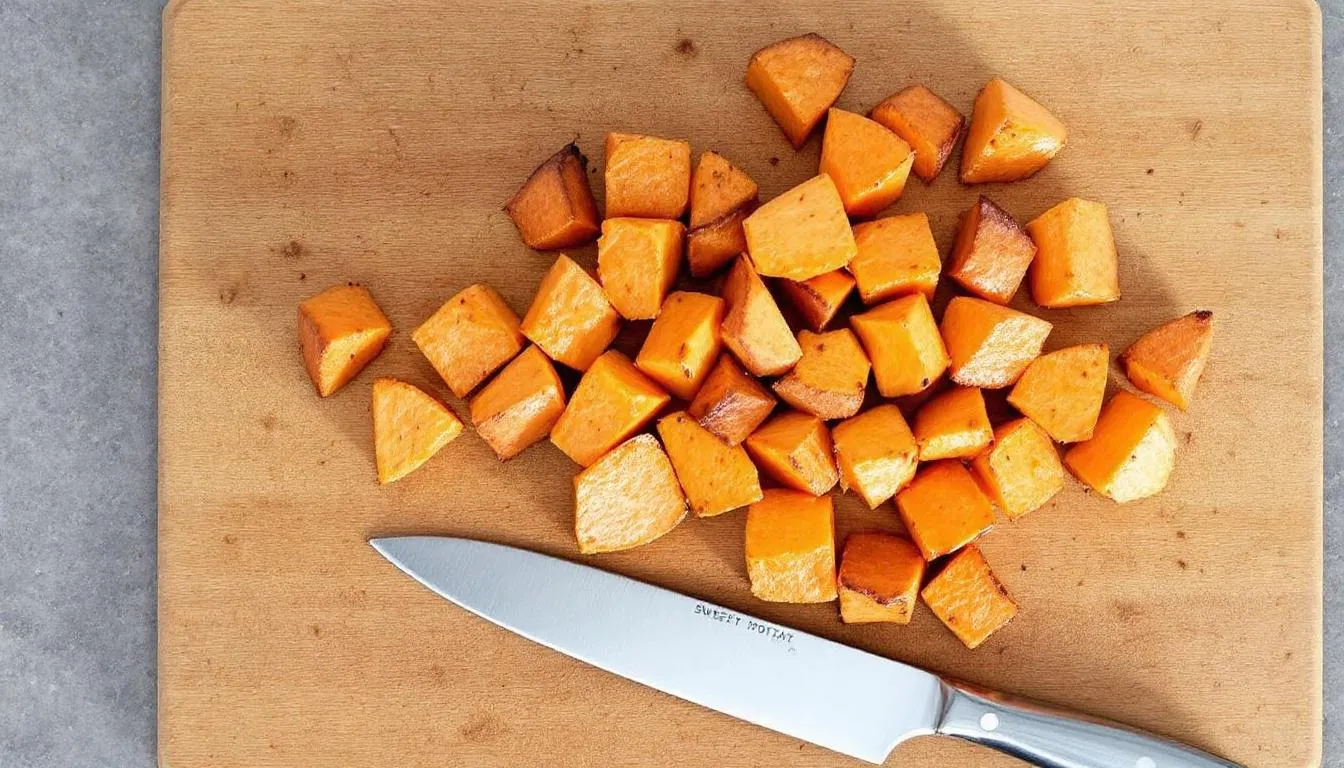 A cutting board displays small cubes of cooked sweet potato next to a knife, showcasing a nutritious food option that can be served to dogs. Sweet potatoes are known for their health benefits, making them a great addition to a dog