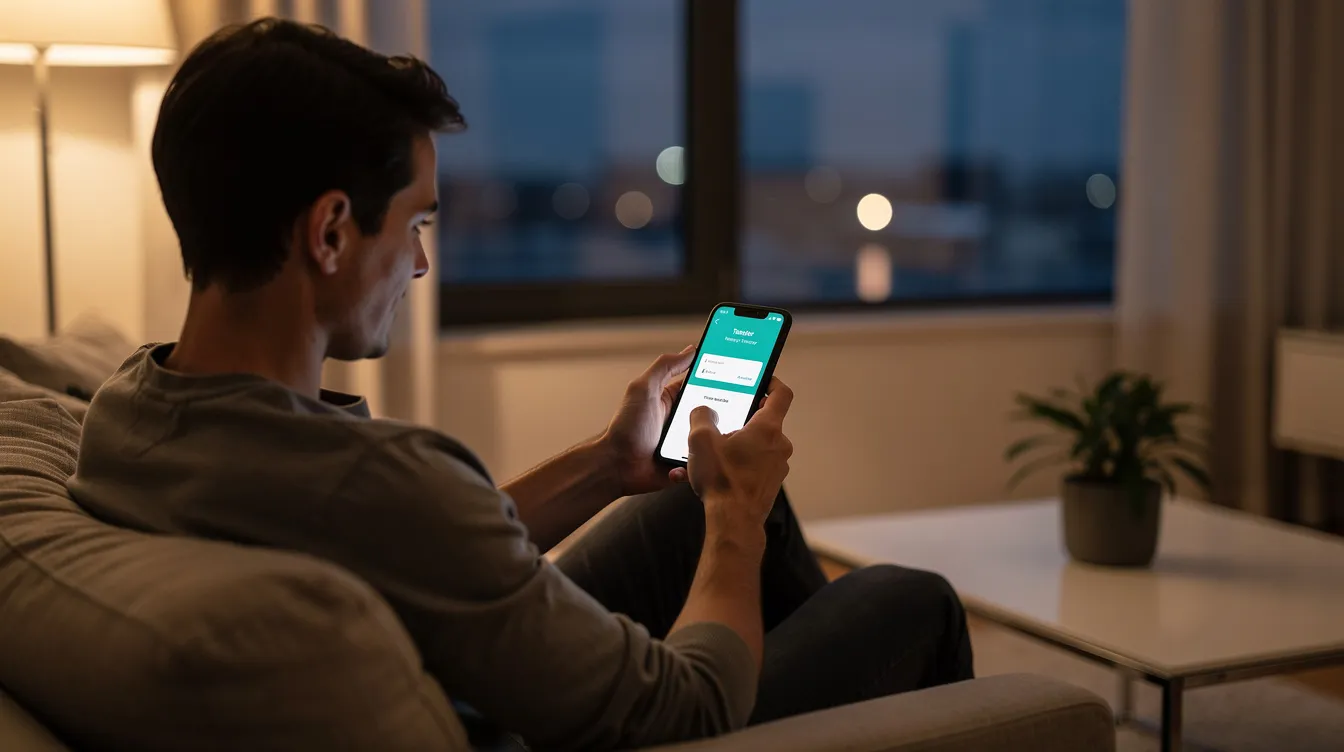 A person is sitting in a modern living room, focused on their smartphone as they send money through a digital transfer service, showcasing the ease of using Kerala Gramin Bank's remittance facility. The scene highlights the convenience of modern banking and financial literacy in everyday life.