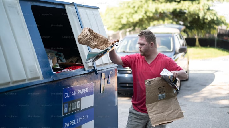 A man throwing packaging materials into a recycling bin