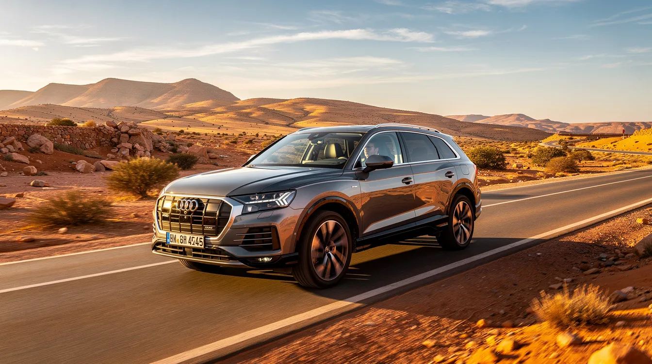 سيارة SUV على طريق سيار مغربي مشمس بين تلال خضراء.