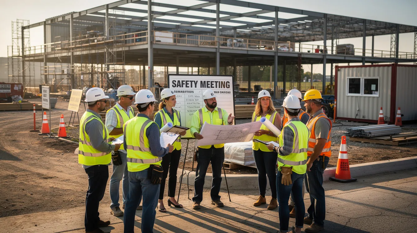 A group of construction workers, wearing hard hats and reflective vests, participate in a morning safety huddle on a commercial project, emphasizing the importance of personal protective equipment and strong safety culture. This gathering highlights their commitment to safety training and workplace safety practices, fostering a safer work environment.