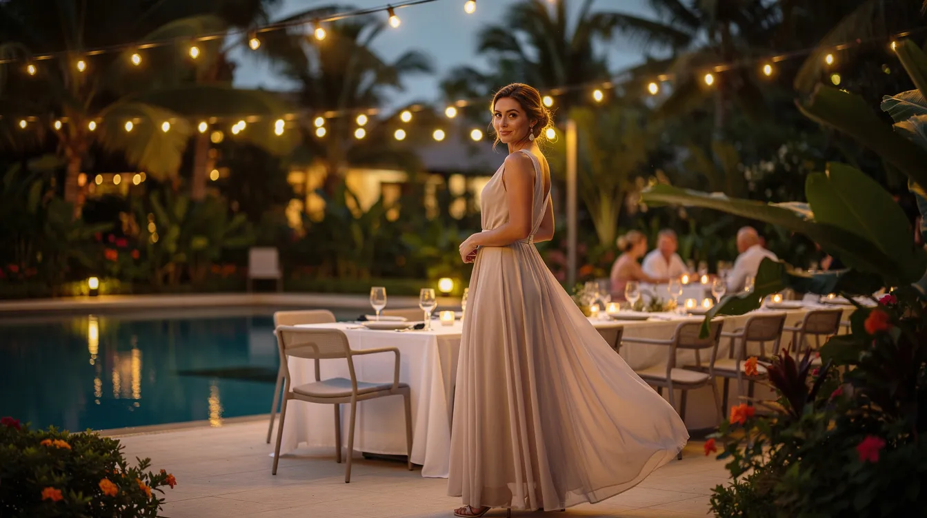 A woman is elegantly dressed in a flowing maxi dress made of lightweight organic cotton, sitting at a beautifully set poolside dinner table adorned with string lights and surrounded by lush tropical plants. The vibrant prints of her dress complement the warm weather atmosphere, ideal for a stylish evening in resort wear.