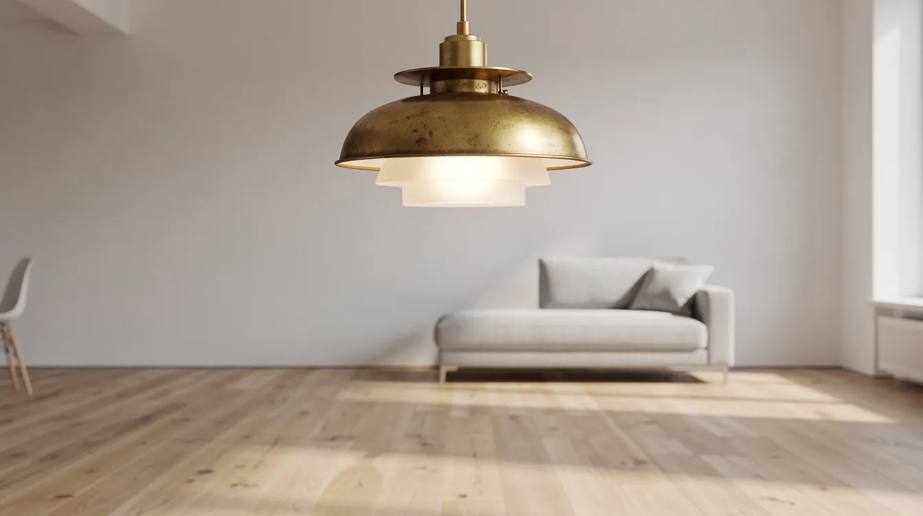 En elegant pendellampa i mässing med frostat glas hänger från taket i ett renoverat rum med vita väggar och trädet golv. Lampan ger ett mjukt ljus och skapar en modern atmosfär i hemmet.
