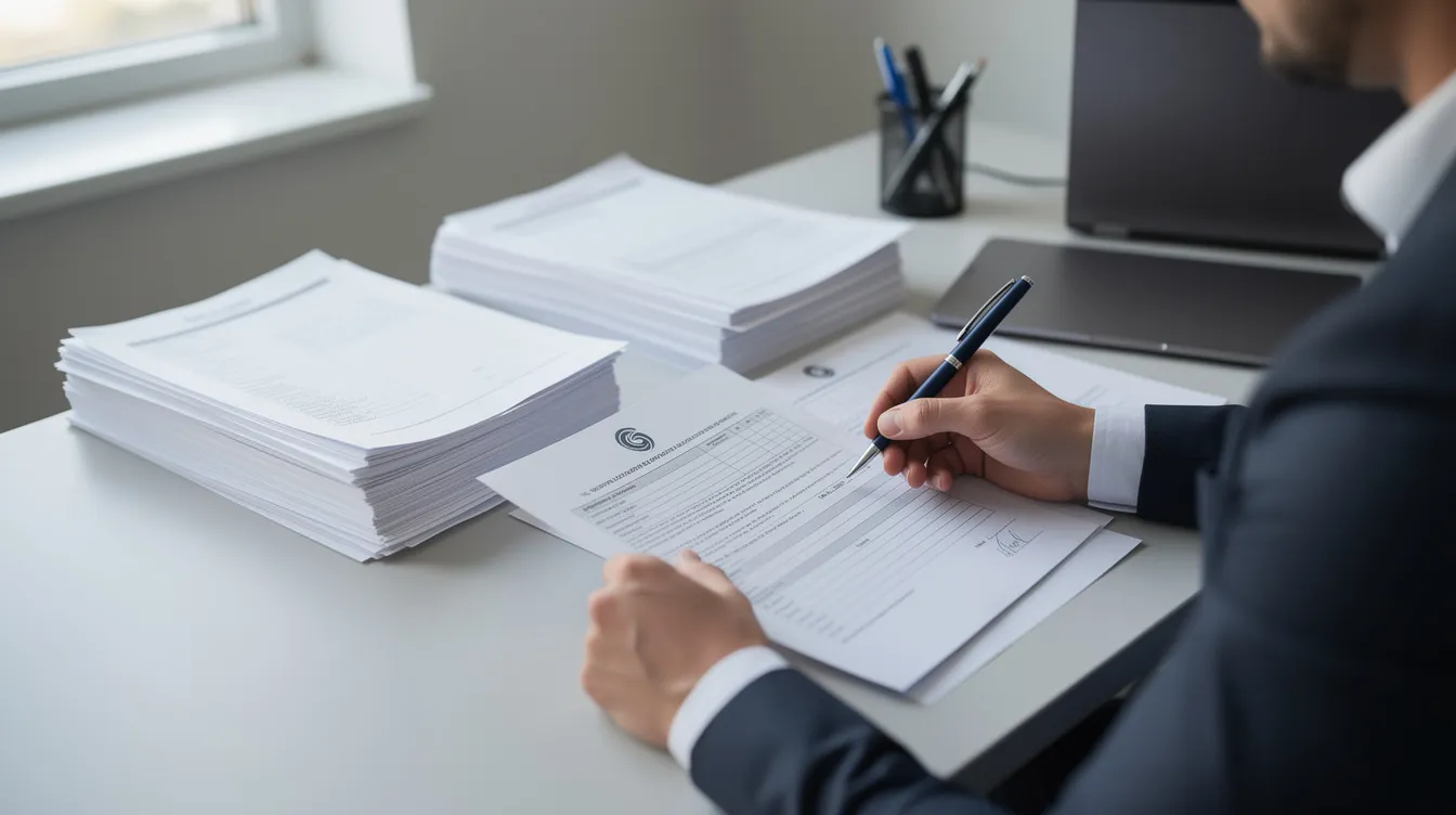 A person is seated at a desk, diligently writing on official paperwork related to firearms, with a pen in hand and various documents spread out. This scene may reflect the process of applying for a firearms purchaser identification card or navigating New Jersey's strong gun laws.