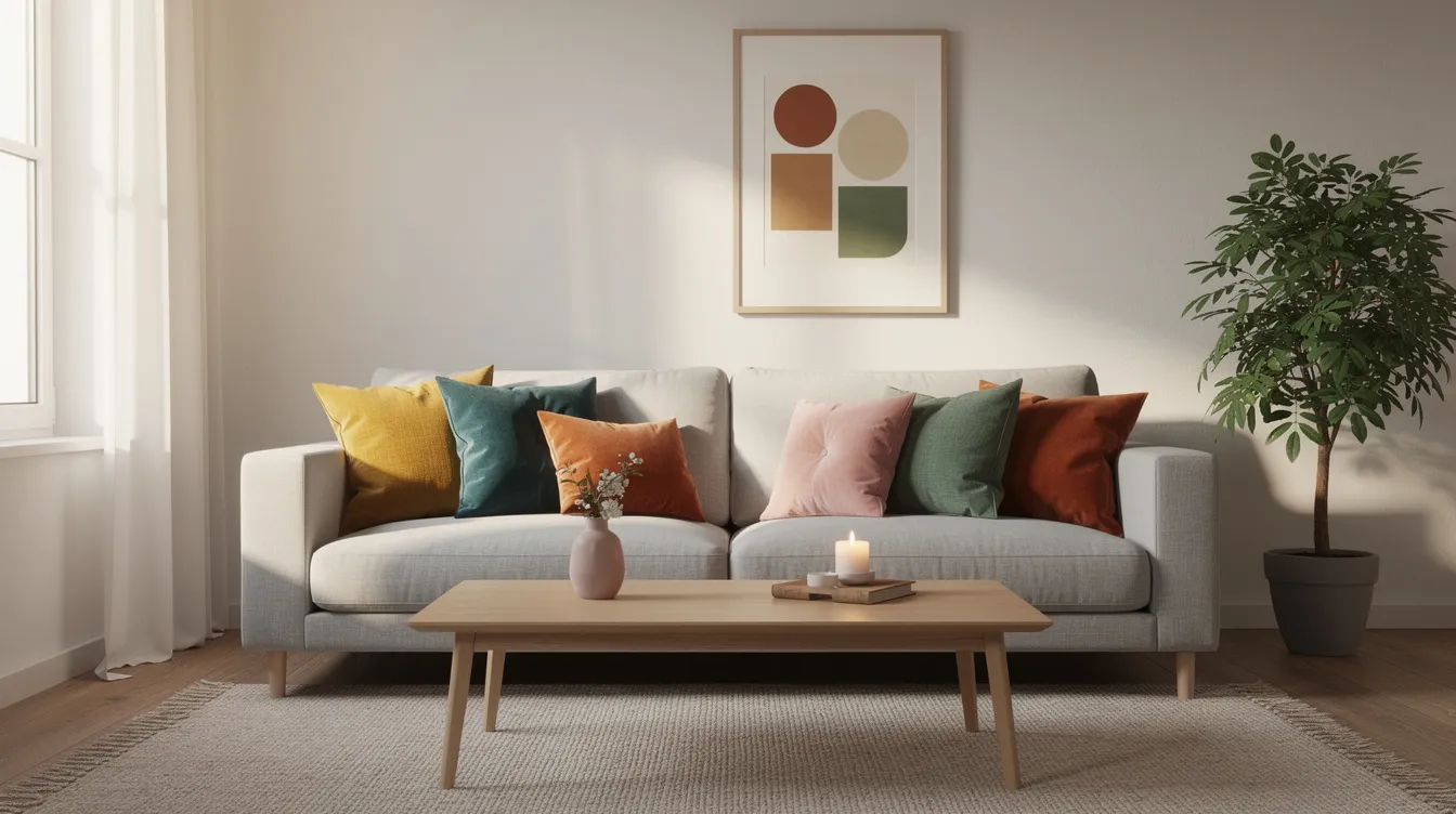 Ett mysigt vardagsrum med en grå soffa som är prydd med färgglada kuddar i olika storlekar och mönster. Kuddarna, som är tillverkade av olika material, skapar en harmonisk och modern känsla i rummet.