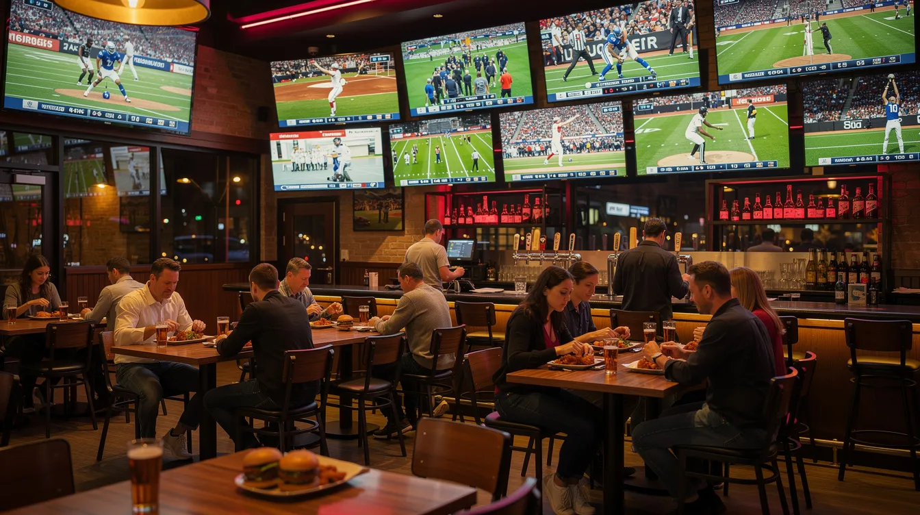 The image depicts a lively restaurant atmosphere with multiple television screens displaying various sports events, creating an engaging environment for patrons. This setup highlights the importance of quality DSTV installation services to ensure optimal signal reception for an enjoyable viewing experience.