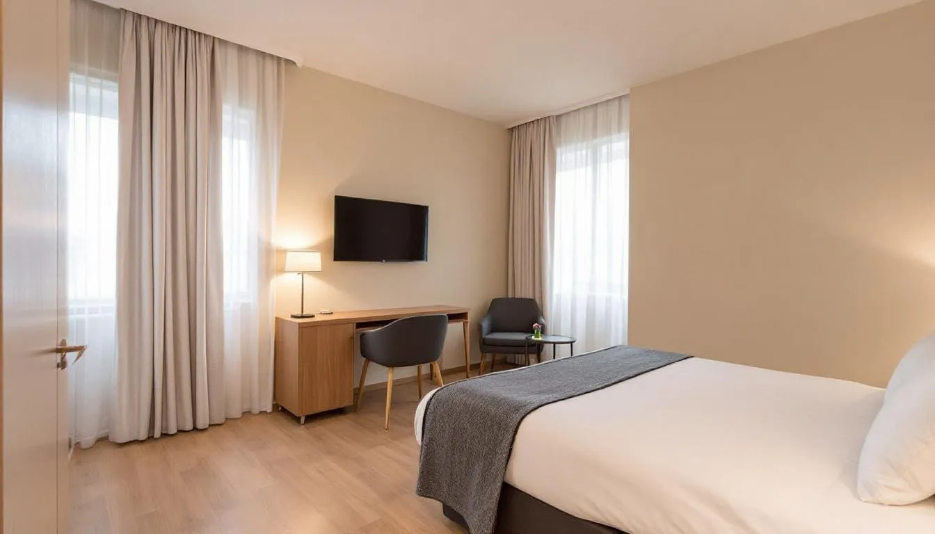 A modern hotel double room features a queen bed with contemporary furnishings, including a stylish desk and a comfortable sitting area, creating a spacious and inviting atmosphere for guests. The room is designed for two people, showcasing a blend of luxury and functionality typical of hotel room types.