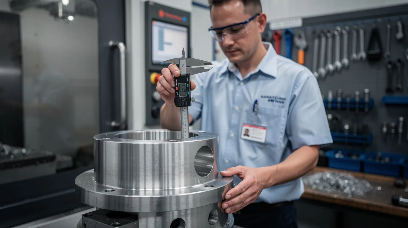 An engineer in a manufacturing facility is inspecting a stainless steel machined metal part using a digital caliper, ensuring precise tolerances in the CNC machining process. The scene highlights the attention to detail required in producing high-quality CNC machined parts for various applications.