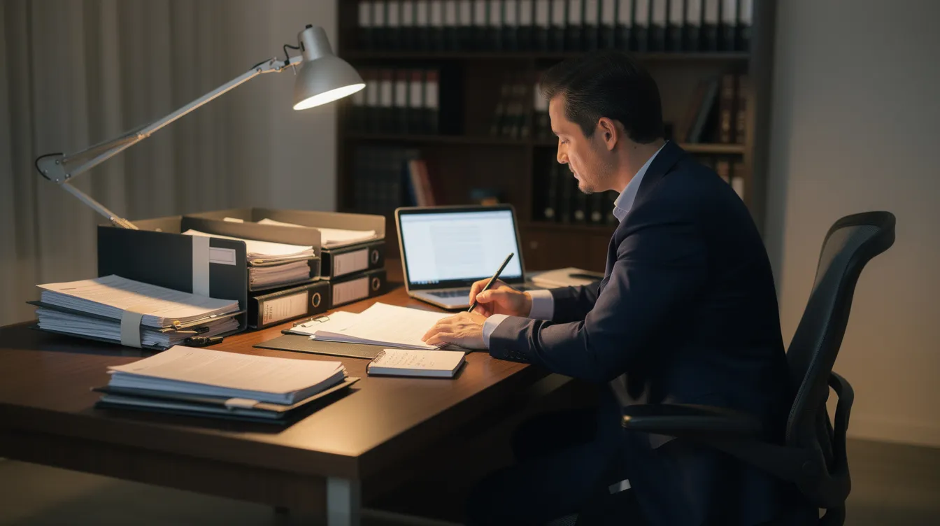 A personal injury attorney is seated at a desk, intently reviewing case documents alongside a laptop and neatly organized files, indicative of their focus on mass tort litigation. The scene reflects a professional environment where the attorney is preparing to build strong cases for potential mass tort clients.
