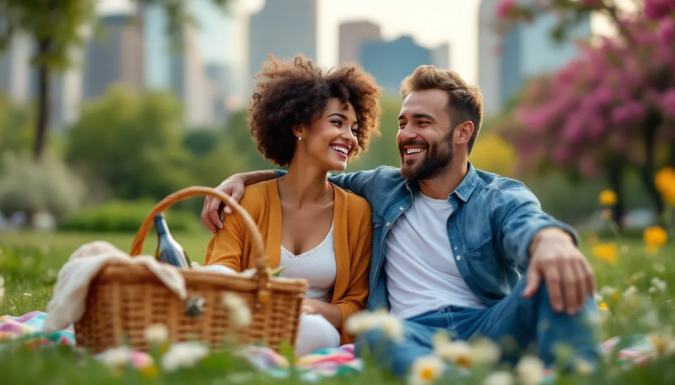 A happy couple, where the woman is older, enjoying a picnic together in a park.