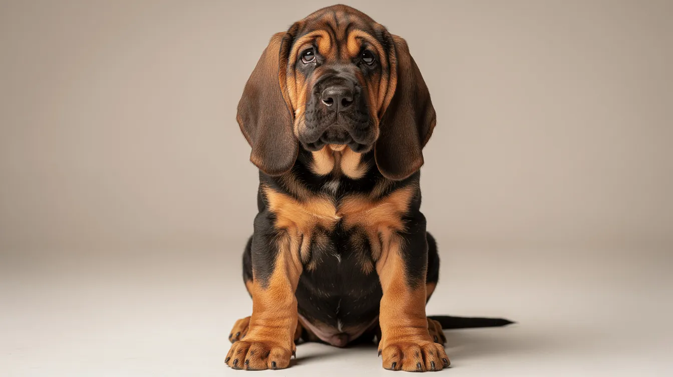 A realistic image of a Bloodhound puppy showcases its most famous features, including deep-set eyes, drooping ears, and a wrinkled face. This affectionate dog, known for its powerful sense of smell, embodies the characteristics of the bloodhound breed, making it a great family pet.