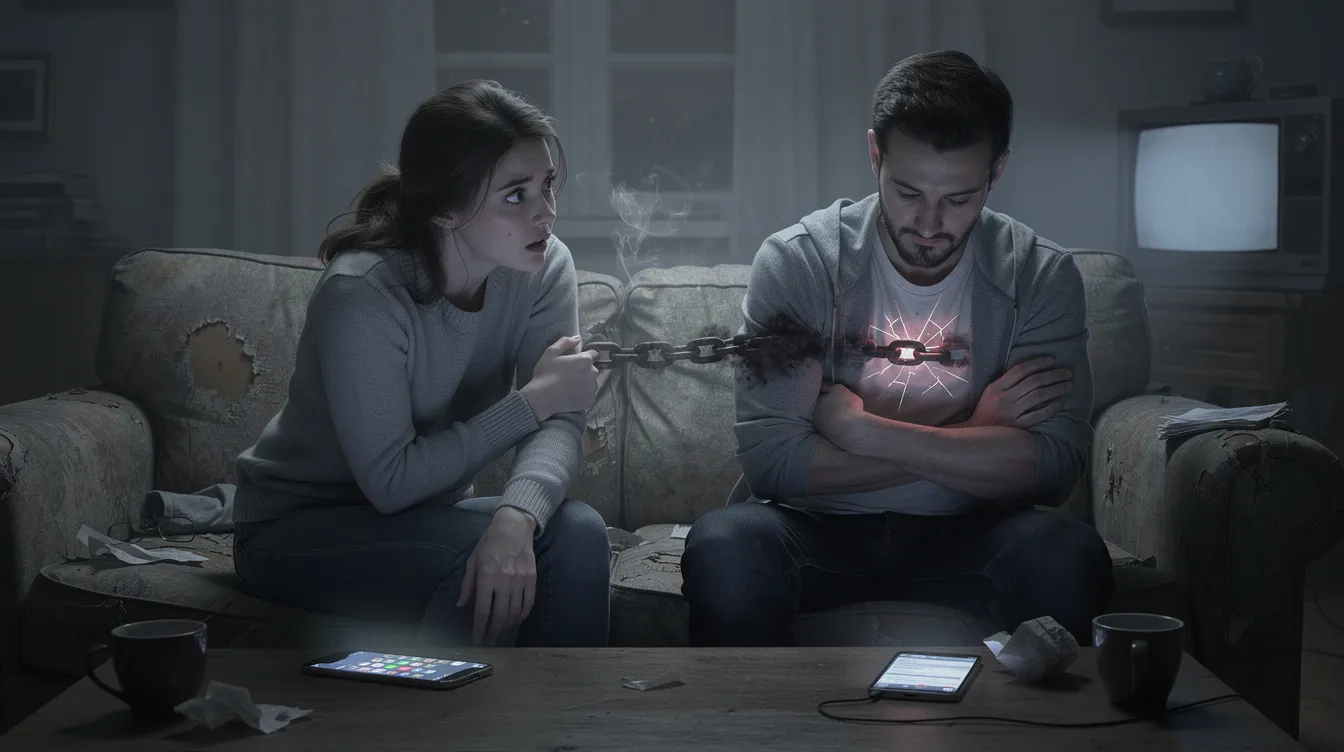 The image depicts a couple sitting together, appearing emotionally distant, which illustrates the concept of toxic attachment styles in romantic relationships. Their body language suggests unhealthy emotional attachment, highlighting the challenges of maintaining healthy relationships amidst feelings of anxiety and insecurity.