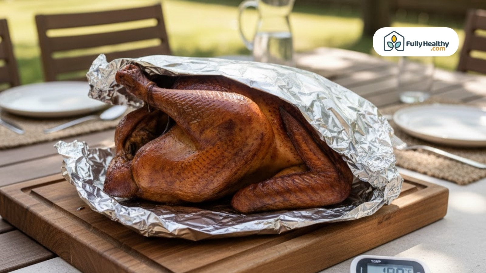 Smoked turkey resting under foil on cutting board before carving