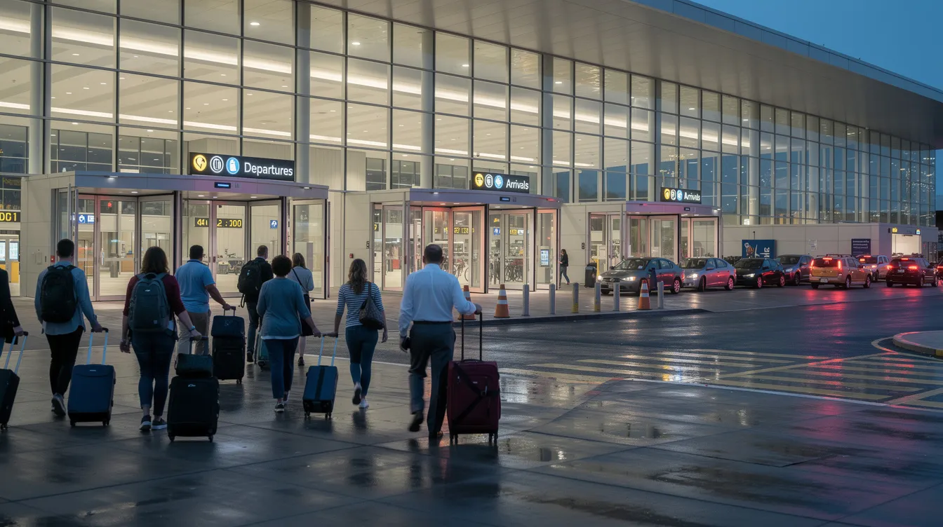 Travelers are seen leaving a modern airport terminal, each carrying suitcases as they head towards waiting cars for their airport transfers. The scene captures the hustle and bustle of arrivals at Marrakech Menara Airport, emphasizing a convenient and stress-free journey to their destination.