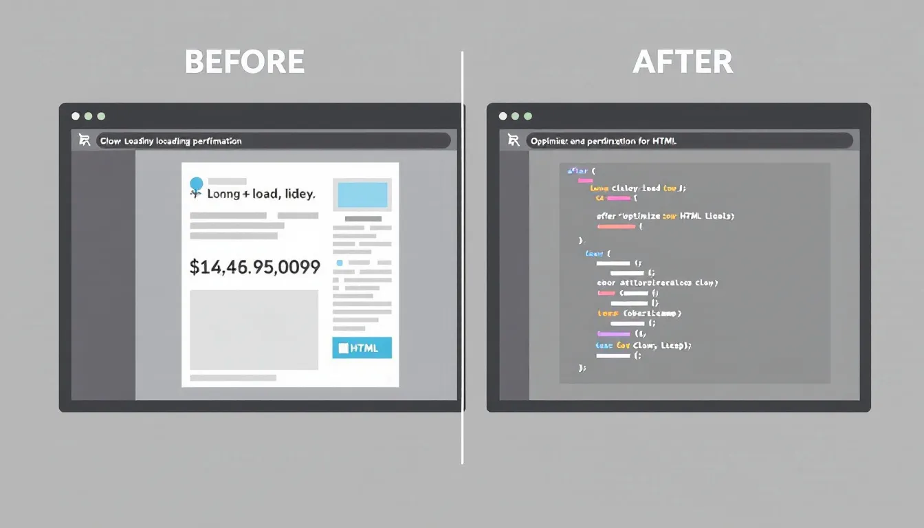 The image presents a split-screen comparison of website loading performance metrics, illustrating the improvements achieved after HTML optimization. On one side, the metrics reflect the initial performance, while the other side showcases the enhanced results, emphasizing the importance of search engine optimization for better search engine rankings and user experience.