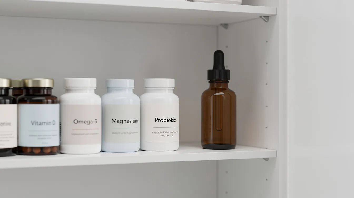 The image depicts a clean and organized medicine cabinet showcasing a variety of neatly arranged supplement bottles, including a small amber dropper bottle of cbd oil, stored away from direct sunlight to maintain its freshness and potency. Proper storage conditions, such as avoiding heat and air exposure, help ensure that the cbd oil retains its quality and does not expire.