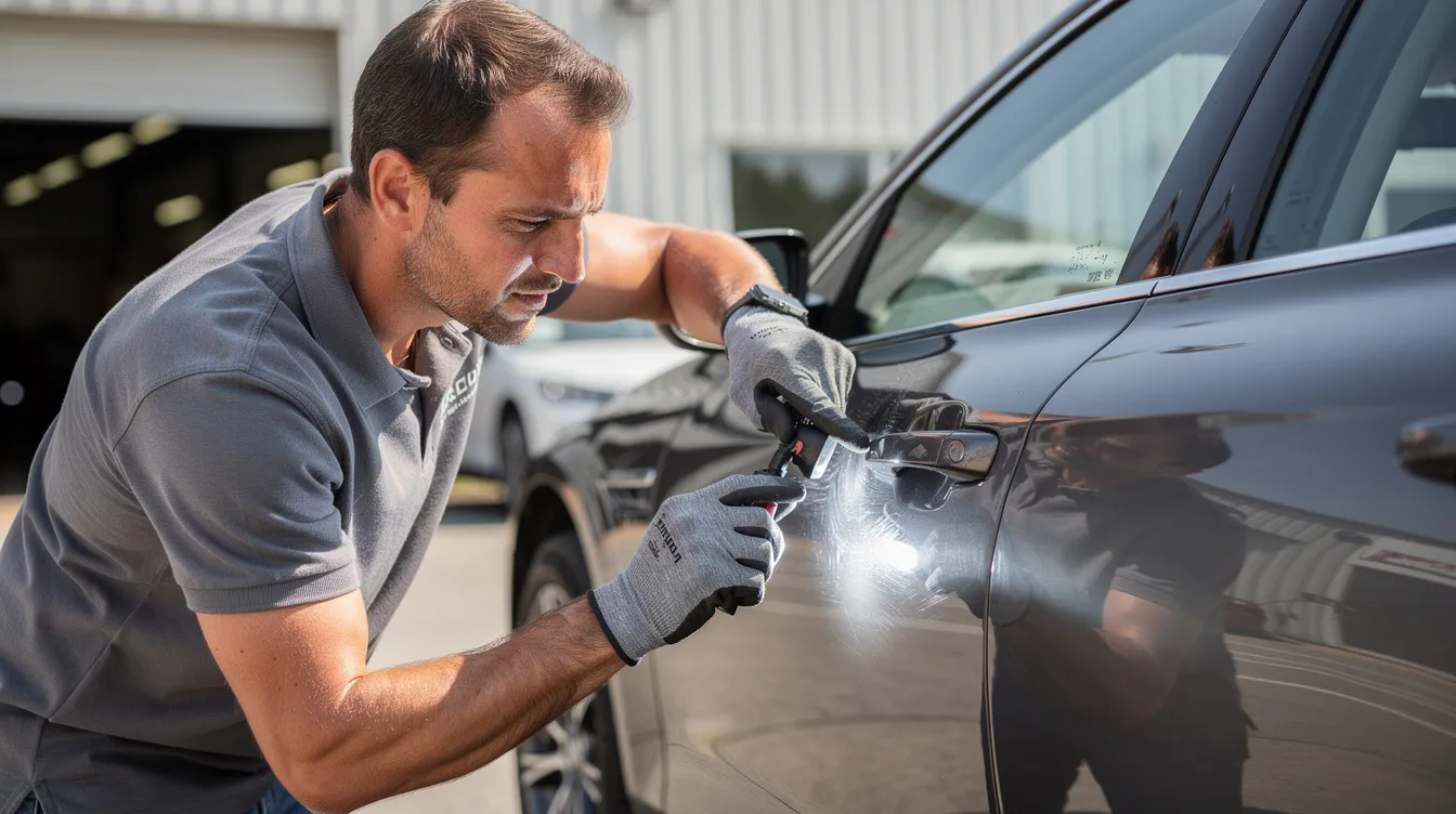 A person is inspecting the exterior of a vehicle, closely examining the paint condition for any imperfections. This careful inspection is important for ensuring the car's quality, especially for those considering auto transport services like car shipping to Delaware.
