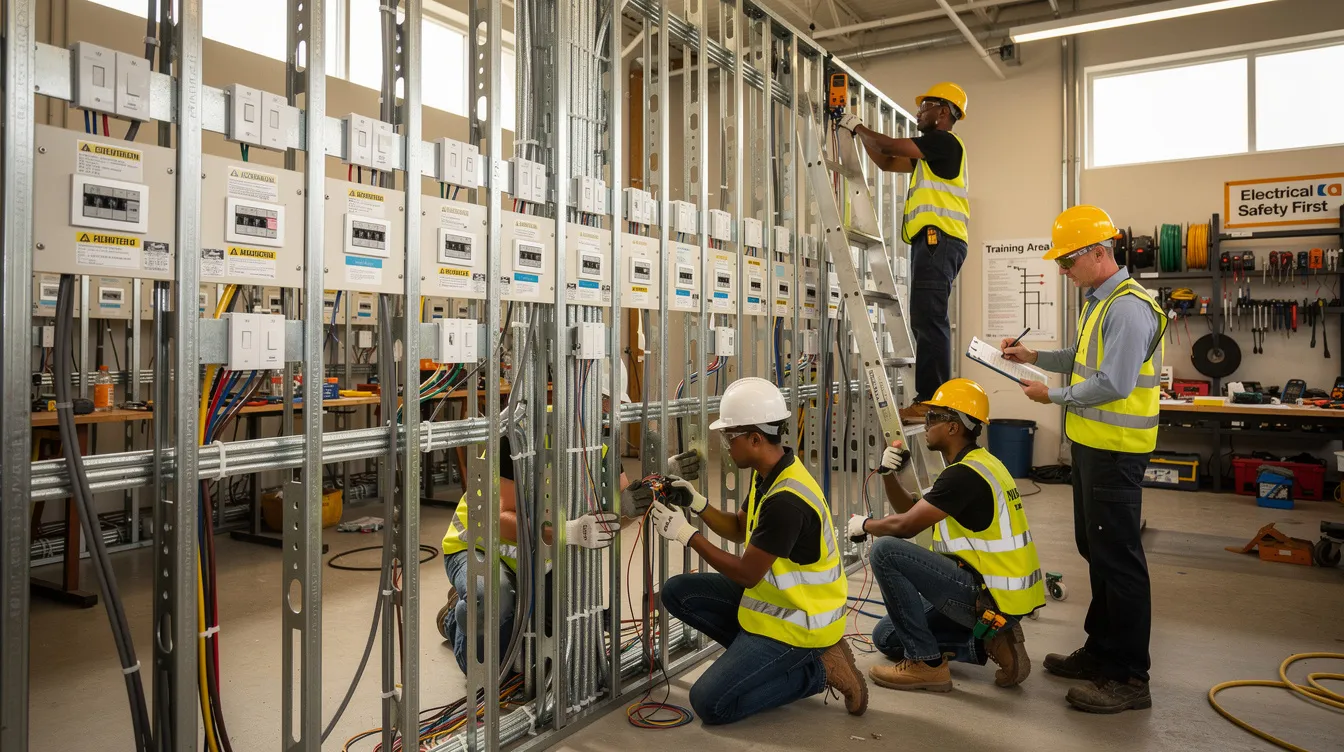 A group of young apprentices are engaged in hands-on practice of electrical wiring techniques within a construction training lab, illustrating the importance of apprenticeship programs in developing skills for successful careers in the construction industry. This training environment combines classroom learning with on-the-job training, preparing participants for future workforce opportunities.