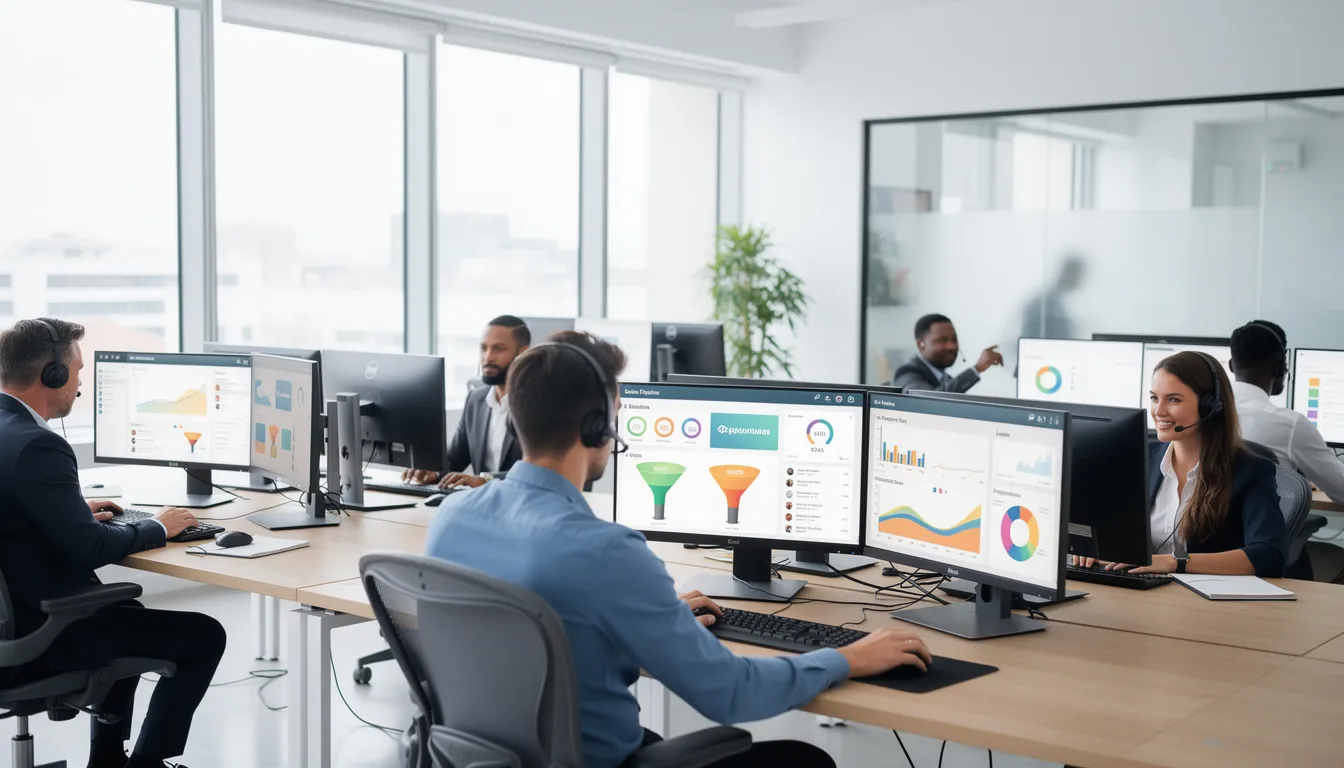Na obrazie widać nowoczesne biuro, w którym zespół sprzedażowy pracuje przy komputerach, analizując pulpity nawigacyjne systemu CRM. Pracownicy skupieni są na zarządzaniu relacjami z potencjalnymi klientami oraz optymalizacji procesów sprzedażowych w czasie rzeczywistym.