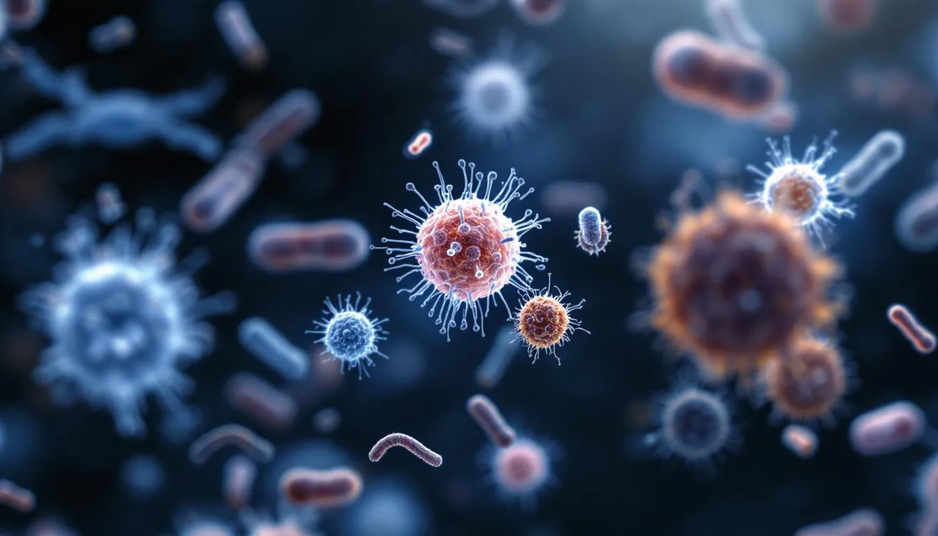 A microscopic view reveals harmful bacteria and pathogens present in rodent waste, including droppings and urine, highlighting serious health risks associated with rodent infestations. This image emphasizes the need for proper rodent waste cleanup to prevent contamination and maintain indoor air quality.