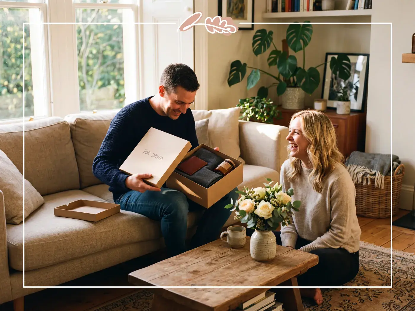 Husband opening a curated birthday gift box with cashmere scarf wallet and candle from his wife at home from Fabulous Flowers Cape Town