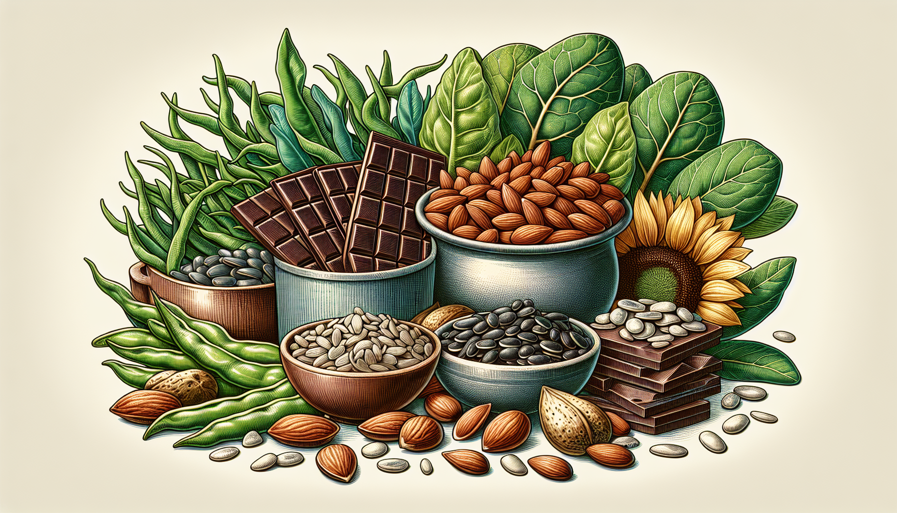 Illustration of a balanced diet with magnesium-rich foods