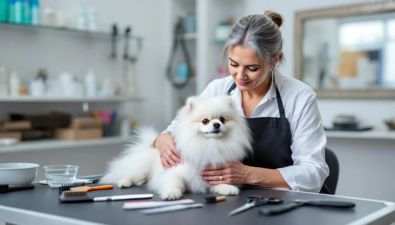 A senior woman is gently grooming a small dog, likely a Cavalier King Charles Spaniel or a Shih Tzu, on a table surrounded by grooming supplies. This scene highlights the affectionate nature of small dogs, showcasing the bond between pet ownership and senior living communities.