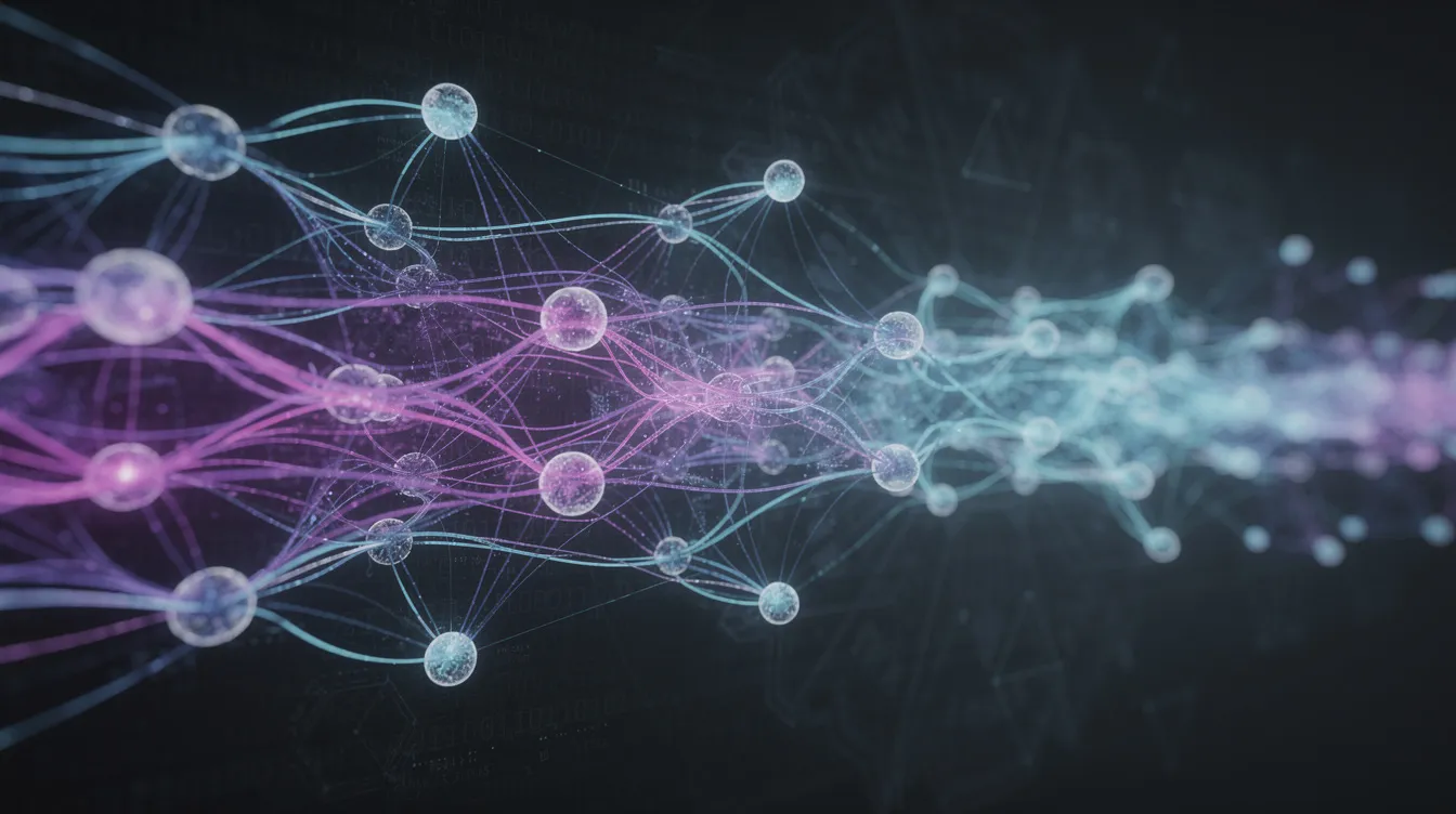 An abstract visualization depicts interconnected neural network nodes, symbolizing the complex processes of artificial intelligence and deep learning techniques. This image highlights the potential implications of deepfake technology on digital trust, showcasing how these systems can manipulate data and create synthetic media, raising concerns about authenticity and security in society.