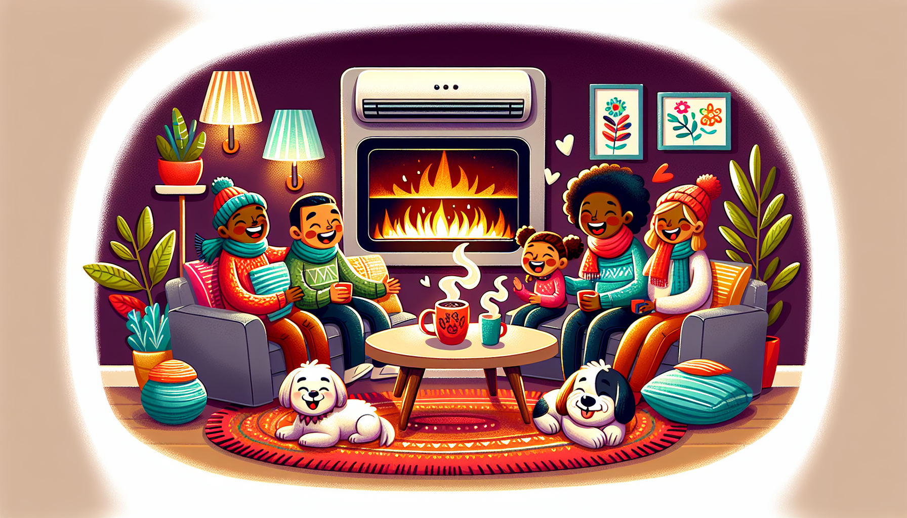 A cartoon depicting the benefits of wall mounted electric fires in a cozy room.