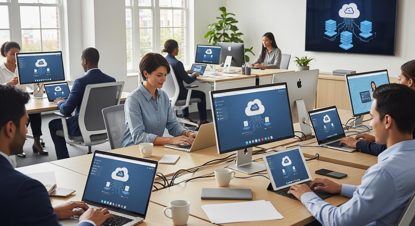 Bring Your Own Device (BYOD) workplace showing employees using personal laptops and tablets while accessing secure virtual desktops in the cloud.