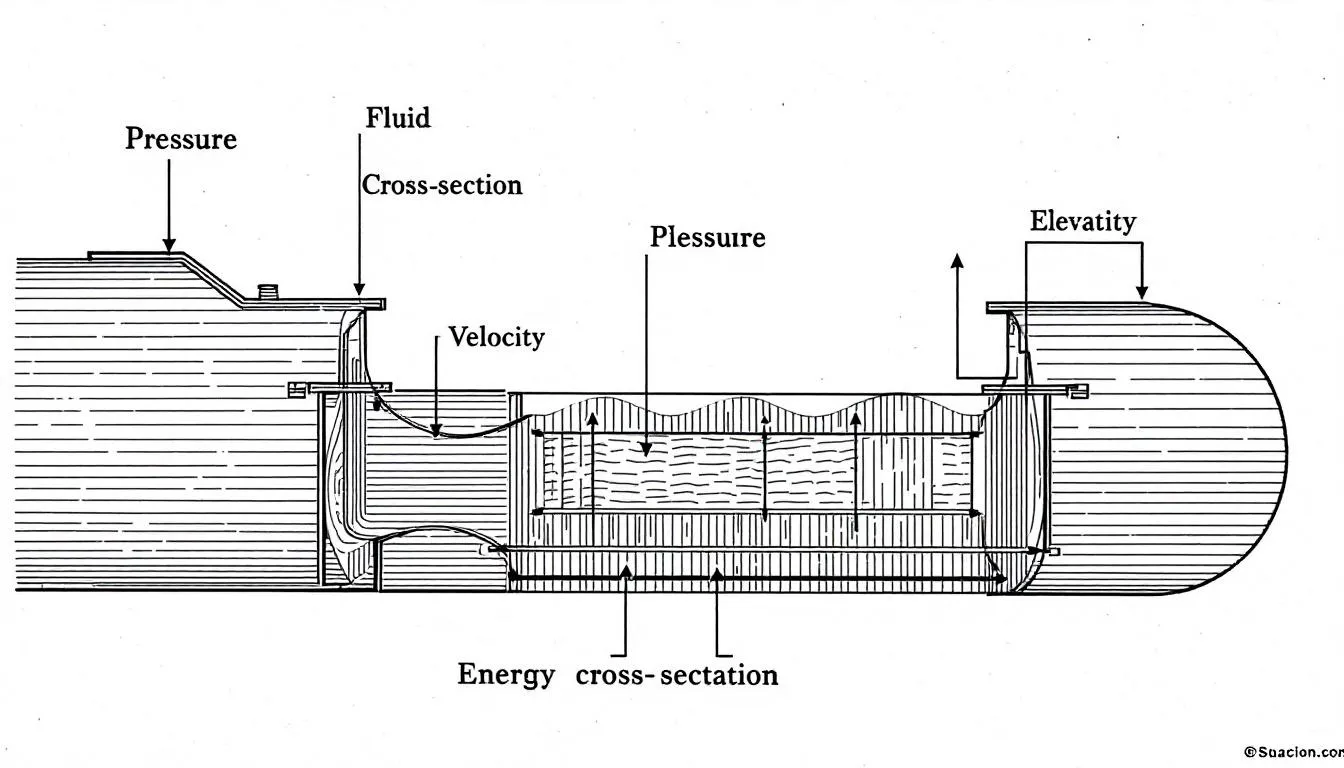 A diagram illustrating energy conservation in fluid flow according to Bernoulli's principle.