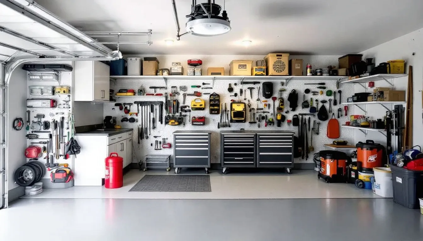 The image depicts a clean and organized garage in Massachusetts, showcasing efficient use of vertical space with overhead storage racks and neatly arranged plastic storage bins. The clear floor space allows for easy movement and parking of vehicles, demonstrating a successful garage cleanout that maximizes functionality and reduces clutter.