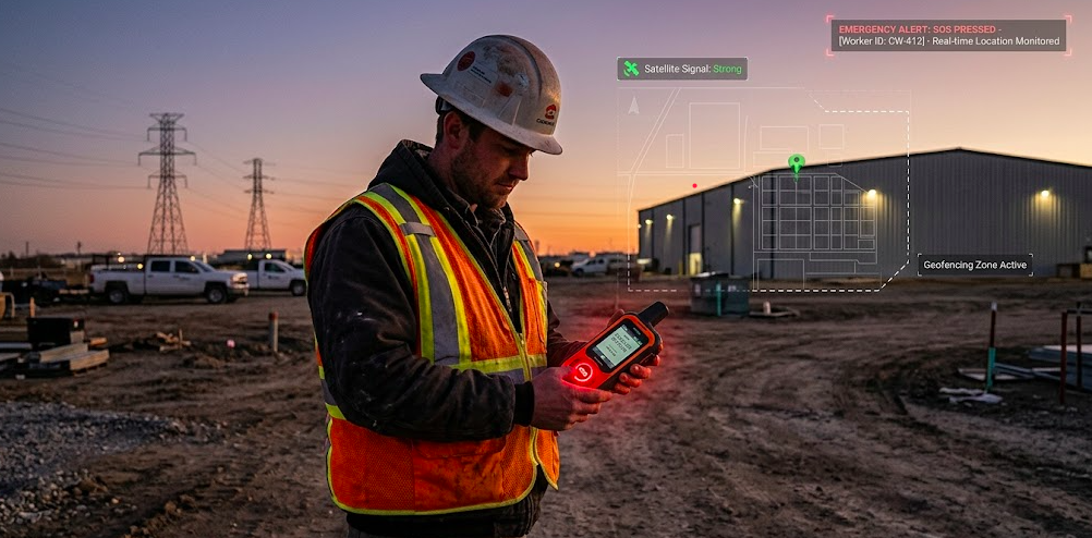 Lone construction worker using a GPS safety tracker at a remote industrial site for real-time emergency monitoring.