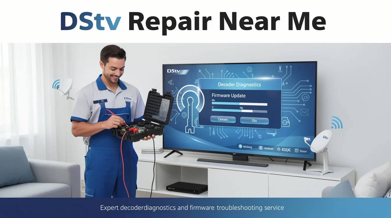 The image depicts a professional DStv technician performing decoder diagnostics and firmware troubleshooting on a DStv HD decoder, surrounded by tools and equipment for installation services. This scene highlights the importance of expert DStv repairs and installations, ensuring optimal signal quality and access to various channels for customers.
